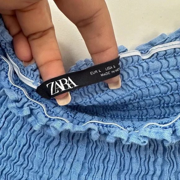 Zara  Blue off the shoulder top 100% Linen size Large - Picture 4 of 5